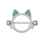 14g/18mm Internally Threaded F136 Titanium Straight Barbell Sparkly Green-Eyed Cat Nipple Shield Barbell - Cute Feline Piercing Jewelry