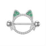 14g/18mm Internally Threaded F136 Titanium Straight Barbell Sparkly Green-Eyed Cat Nipple Shield Barbell - Cute Feline Piercing Jewelry