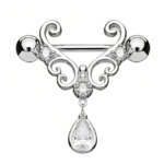 14g/18mm Internally Threaded F136 Titanium Straight Barbell Vintage Filigree Nipple Shield with Tear-Drop Dangle Jewelry