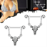 14G/20mm Internally Threaded F136 Titanium Straight Barbell Vintage Bull Skull Nipple Piercing Shield with Dangle Chains – Western Gothic Body Jewelry - 画像 (6)