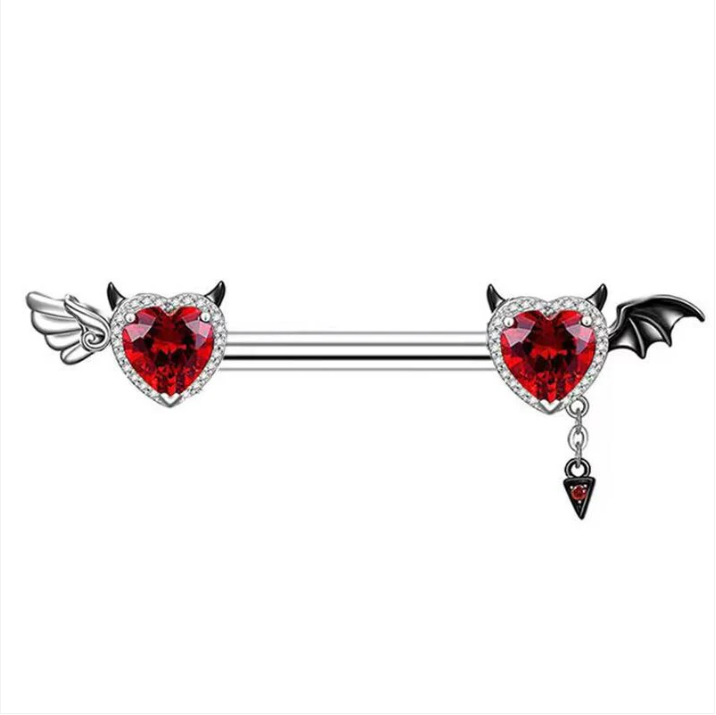c477bb9e4f1c38dcd92b35be4d7b58ff Red Heart Devil Wing Nipple Barbell Piercing - Gothic Y2K Body Jewelry - Image 1