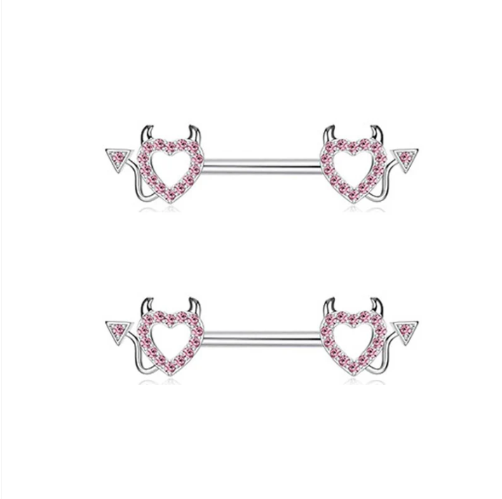 dbdd0a8fe4db1f323fc6775ecb06864b 14G/14mm Playful Pink Devil Heart Nipple Barbell – Romantic Edgy Body Jewelry - Image 1