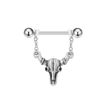 14G/20mm Internally Threaded F136 Titanium Straight Barbell Vintage Bull Skull Nipple Piercing Shield with Dangle Chains – Western Gothic Body Jewelry