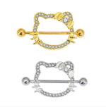 14G/26mm Sparkling Kitty Shield Nipple Barbell – Y2K Aesthetic Kawaii Piercing Jewelry – Gold & Silver：圖片 3
