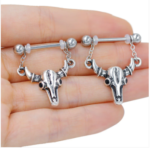 14G/20mm Internally Threaded F136 Titanium Straight Barbell Vintage Bull Skull Nipple Piercing Shield with Dangle Chains – Western Gothic Body Jewelry - 画像 (5)